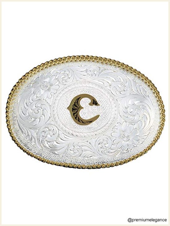 Initial Engraved Gold Trim Western Belt Buckle - Nickel Alloy Base